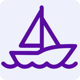Stylized purple sailboat on blue waves against a pale background