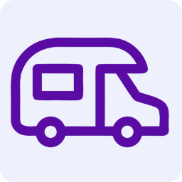 Purple camper van silhouette icon on a light blue background