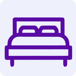 Purple bed illustration with a headboard on a light purple background, representing bedroom furniture or sleep.