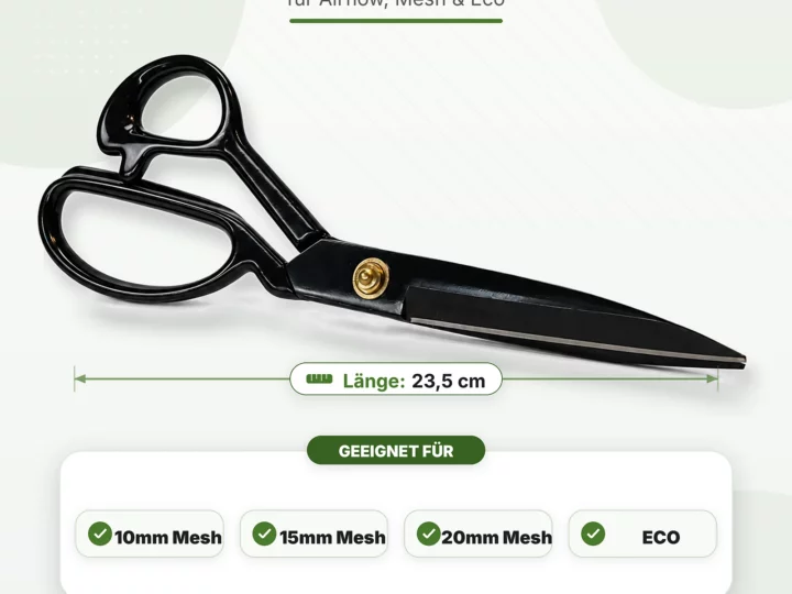Schwarze Schere als Hauptbild mit Text "UNIVERSALSCHERE für Airflow, Mesh & Eco" und Hinweis "Länge: 23,5 cm" darunter, auf hellgrünem Hintergrund.